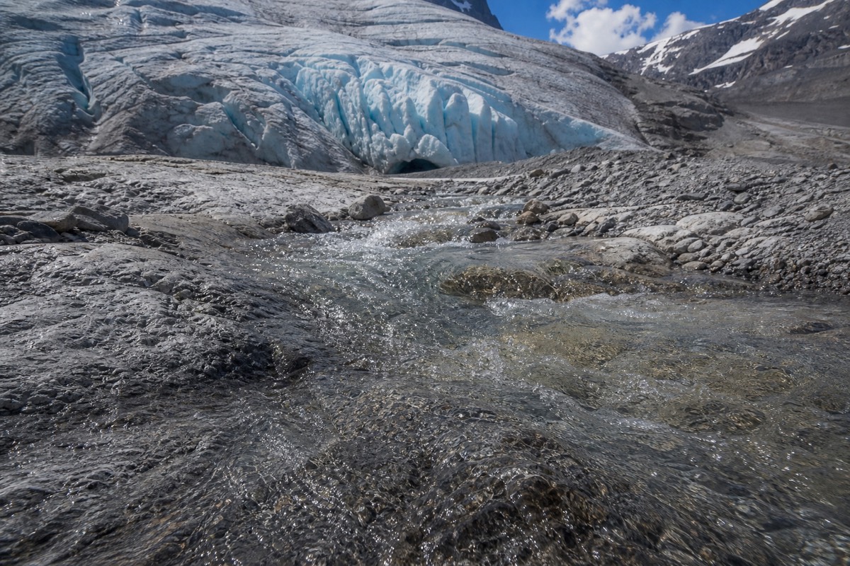 Clear meltwater running off the toe of the Athabasca Glacier at the Columbia Icefield