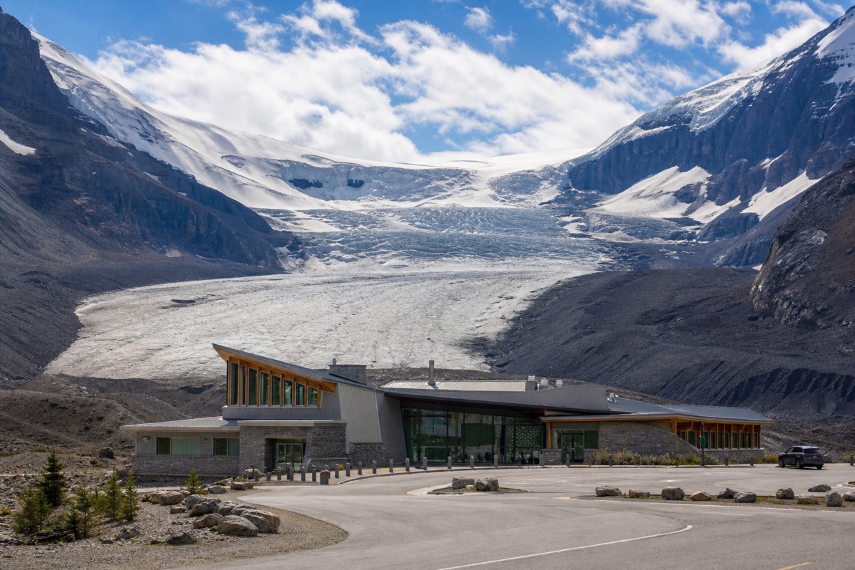 The Columbia Icefield Glacier Discovery Centre beside Highway 93N, facing the Athabasca Glacier