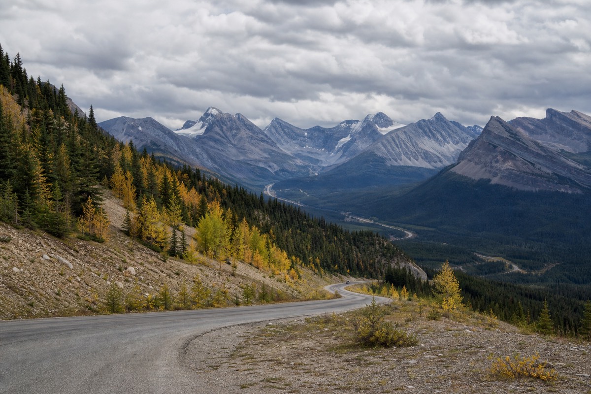 The Icefields Parkway climbing north from Banff toward the Columbia Icefield and Athabasca Glacier