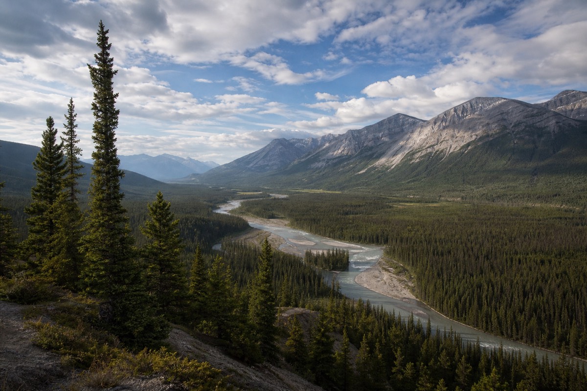 The Icefields Parkway curving south from Jasper toward the Athabasca Glacier and the Columbia Icefield