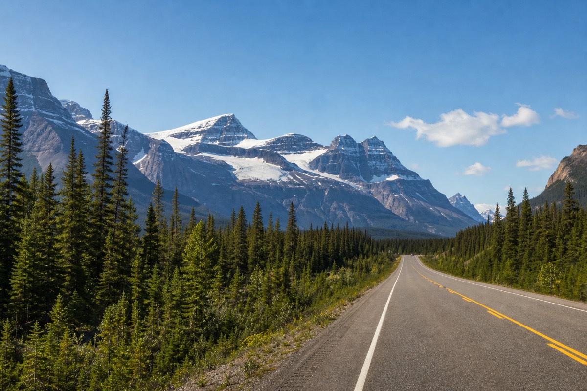 Highway 93 heading north from Banff up the Icefields Parkway toward the Columbia Icefield, framed by peaks and turquoise lakes