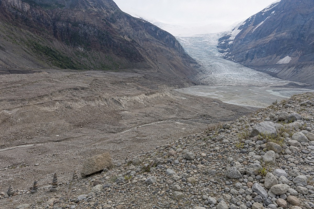 The rippled toe of the retreating Athabasca Glacier below the Columbia Icefield in the Canadian Rockies