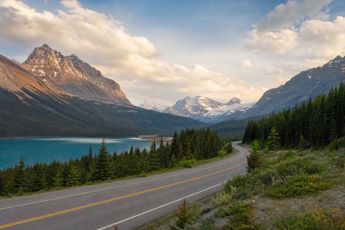 The Icefields Parkway (Highway 93N) winding between glacier-topped peaks on the drive from Lake Louise to Jasper