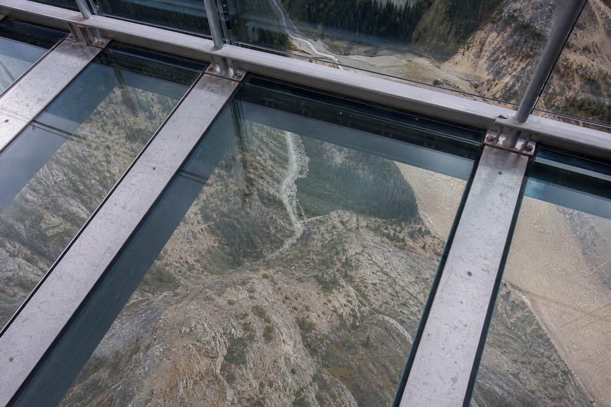 The glass-floored Glacier Skywalk curving out over the Sunwapta Valley on the Columbia Icefield