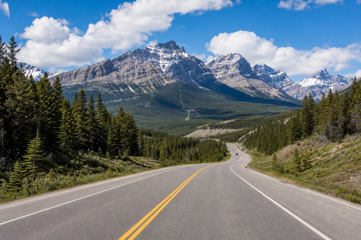 A car on the wide, paved Icefields Parkway between Banff and Jasper, mountains and a glacier rising ahead