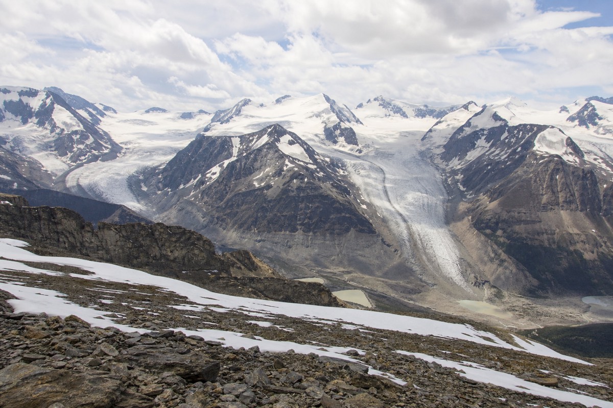 The Athabasca Glacier flowing down toward the Icefields Parkway from the Columbia Icefield in the Canadian Rockies