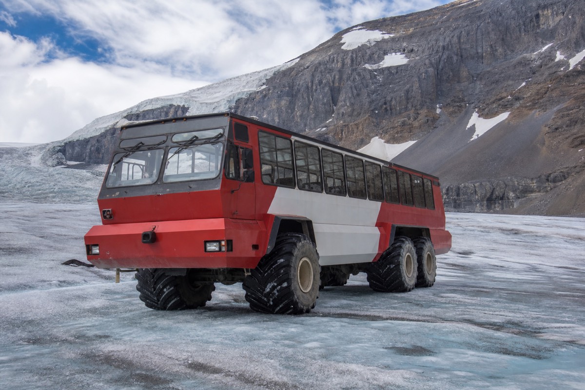 An Ice Explorer crawling onto the Athabasca Glacier